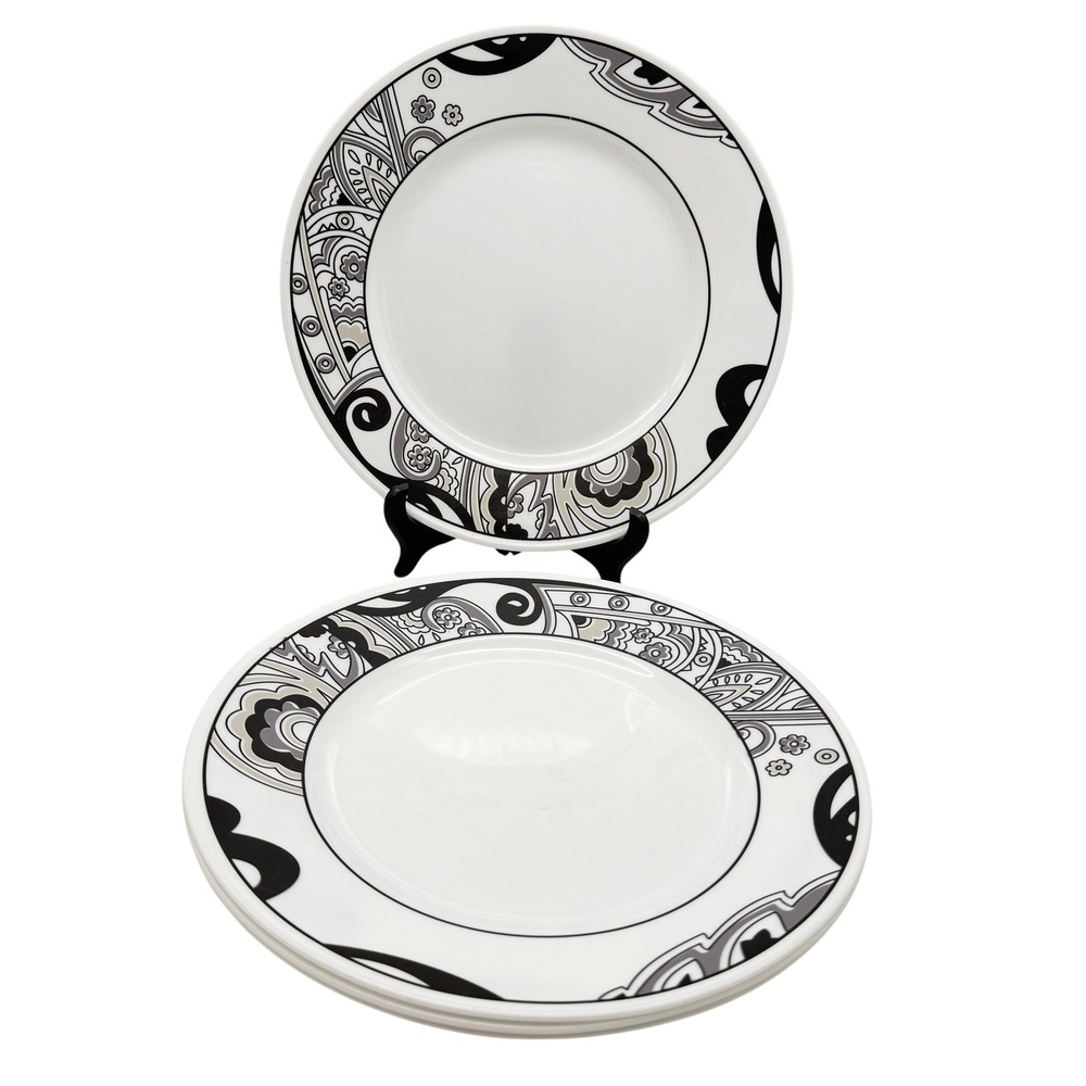 Corelle Nouveau Dinner Plates Set of 4 Black Gray Paisley Vitrelle 10.75